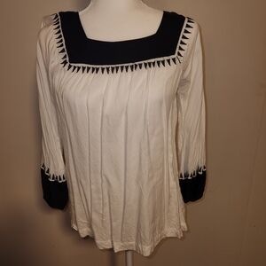 Cream Black Print 3/4 Sleeve Blouse Medium M Chemisty Inspired By Club Monaco